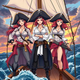 Three fierce lesbian pirates standing confidently on the deck of a ship at sea, illustrated in a dynamic manga style