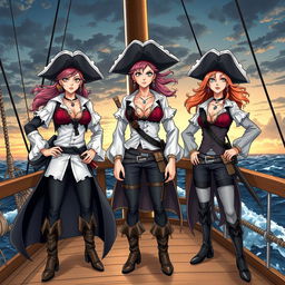 Three fierce lesbian pirates standing confidently on the deck of a ship at sea, illustrated in a dynamic manga style