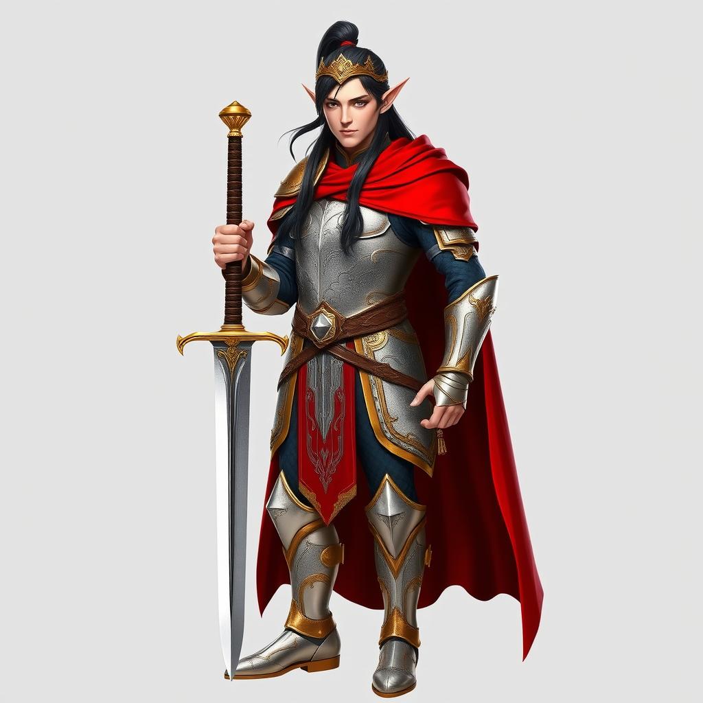 A standing male elf with long black hair styled in a sleek ponytail, adorned in shiny silver and intricate golden armor