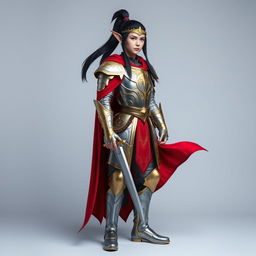 A standing male elf with long black hair styled in a sleek ponytail, adorned in shiny silver and intricate golden armor