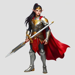 A standing male elf with long black hair styled in a sleek ponytail, adorned in shiny silver and intricate golden armor
