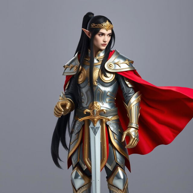 A standing male elf with long black hair styled in a sleek ponytail, adorned in shiny silver and intricate golden armor