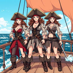 Three fierce lesbian pirates standing confidently on the deck of a ship at sea, illustrated in a vibrant manga style