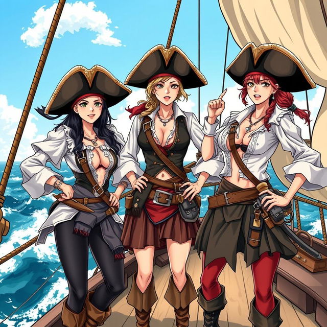 Three fierce lesbian pirates standing confidently on the deck of a ship at sea, illustrated in a vibrant manga style