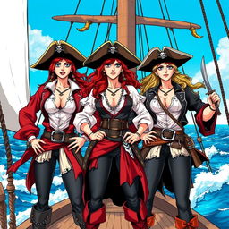 Three fierce lesbian pirates standing confidently on the deck of a ship at sea, illustrated in a vibrant manga style
