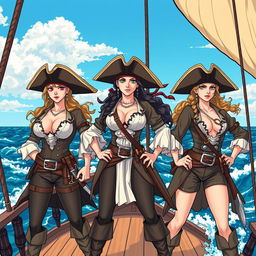 Three fierce lesbian pirates standing confidently on the deck of a ship at sea, illustrated in a vibrant manga style
