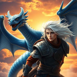 A majestic blue dragon soaring through the sky, alongside a young man with flowing long white hair