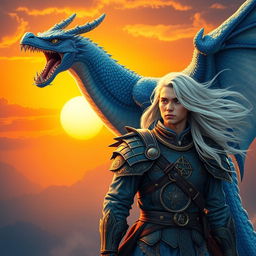 A majestic blue dragon soaring through the sky, alongside a young man with flowing long white hair