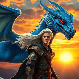 A majestic blue dragon soaring through the sky, alongside a young man with flowing long white hair