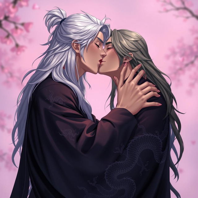 A young man with long white hair passionately kissing another man who has long black hair