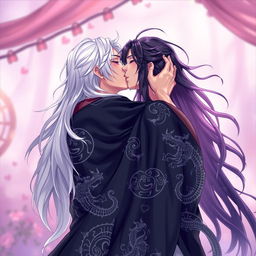 A young man with long white hair passionately kissing another man who has long black hair