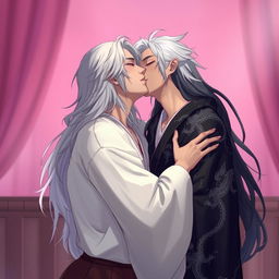 A young man with long white hair passionately kissing another man who has long black hair