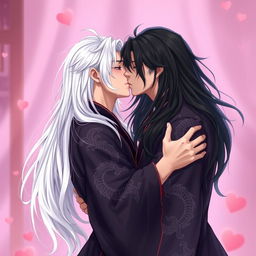 A young man with long white hair passionately kissing another man who has long black hair