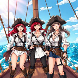 Three fierce lesbian pirates standing confidently on the deck of a ship at sea, illustrated in a vibrant manga style