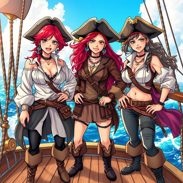 Three fierce lesbian pirates standing confidently on the deck of a ship at sea, illustrated in a vibrant manga style