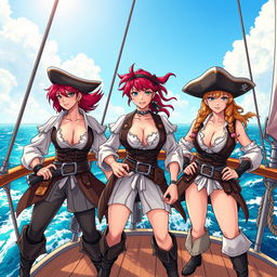 Three fierce lesbian pirates standing confidently on the deck of a ship at sea, illustrated in a vibrant manga style