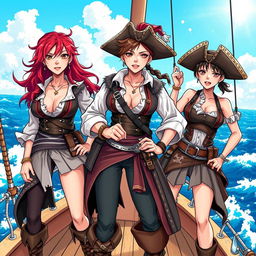 Three fierce lesbian pirates standing confidently on the deck of a ship at sea, illustrated in a vibrant manga style