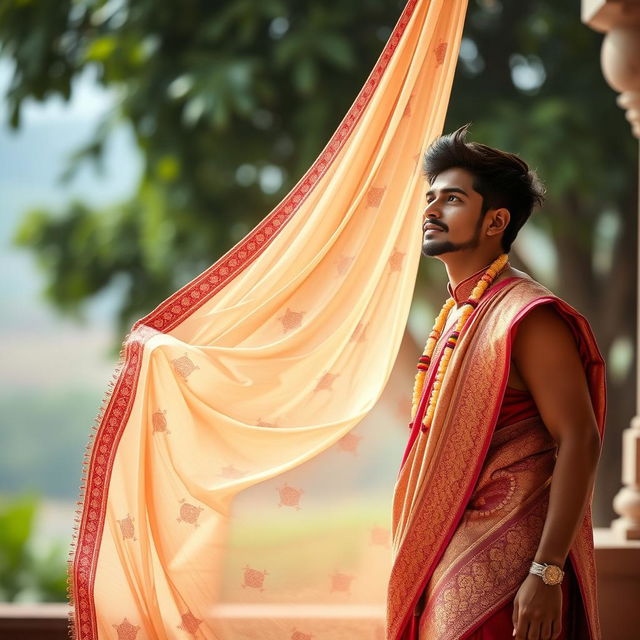 A beautiful scene featuring a graceful traditional Indian saree slowly dropping in front of a young man