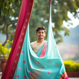 A beautiful scene featuring a graceful traditional Indian saree slowly dropping in front of a young man