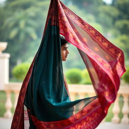 A beautiful scene featuring a graceful traditional Indian saree slowly dropping in front of a young man