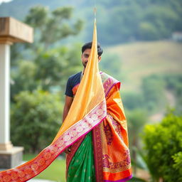 A beautiful scene featuring a graceful traditional Indian saree slowly dropping in front of a young man