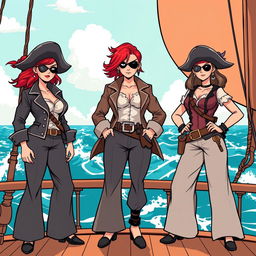 Three fierce female pirates standing confidently on the deck of a ship at sea, illustrated in a modern comic style reminiscent of Chris Ware