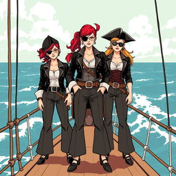 Three fierce female pirates standing confidently on the deck of a ship at sea, illustrated in a modern comic style reminiscent of Chris Ware