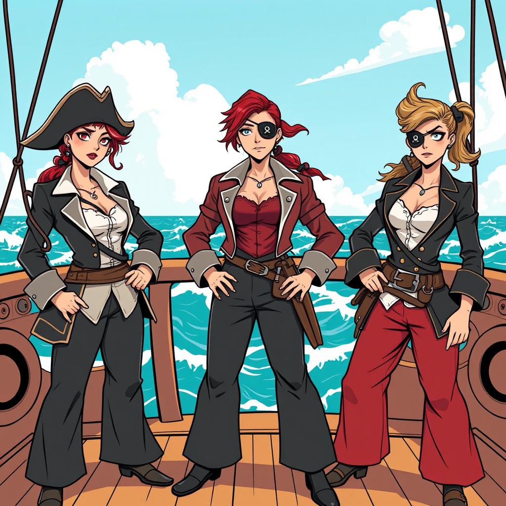 Three fierce female pirates standing confidently on the deck of a ship at sea, illustrated in a modern comic style reminiscent of Chris Ware