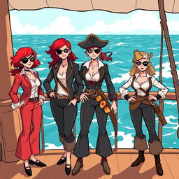 Three fierce female pirates standing confidently on the deck of a ship at sea, illustrated in a modern comic style reminiscent of Chris Ware