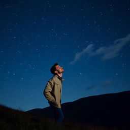 A contemplative man looking up at a vast, starry night sky, his face illuminated by the soft glow of the moonlight