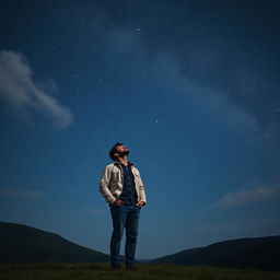A contemplative man looking up at a vast, starry night sky, his face illuminated by the soft glow of the moonlight