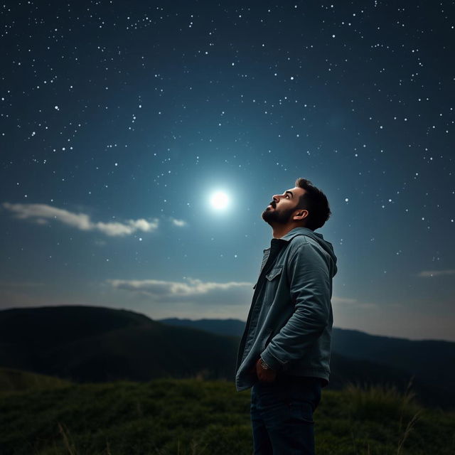 A contemplative man looking up at a vast, starry night sky, his face illuminated by the soft glow of the moonlight