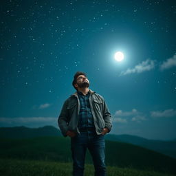 A contemplative man looking up at a vast, starry night sky, his face illuminated by the soft glow of the moonlight