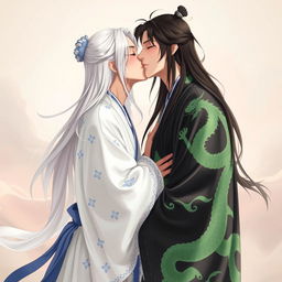 A young man with long white hair wearing a white hanfu adorned with blue patterns is kissing another man who has long black hair and wears a black hanfu featuring a green dragon design