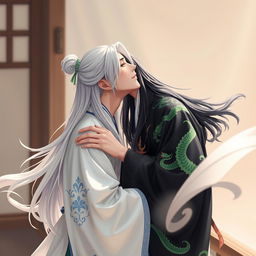 A young man with long white hair wearing a white hanfu adorned with blue patterns is kissing another man who has long black hair and wears a black hanfu featuring a green dragon design