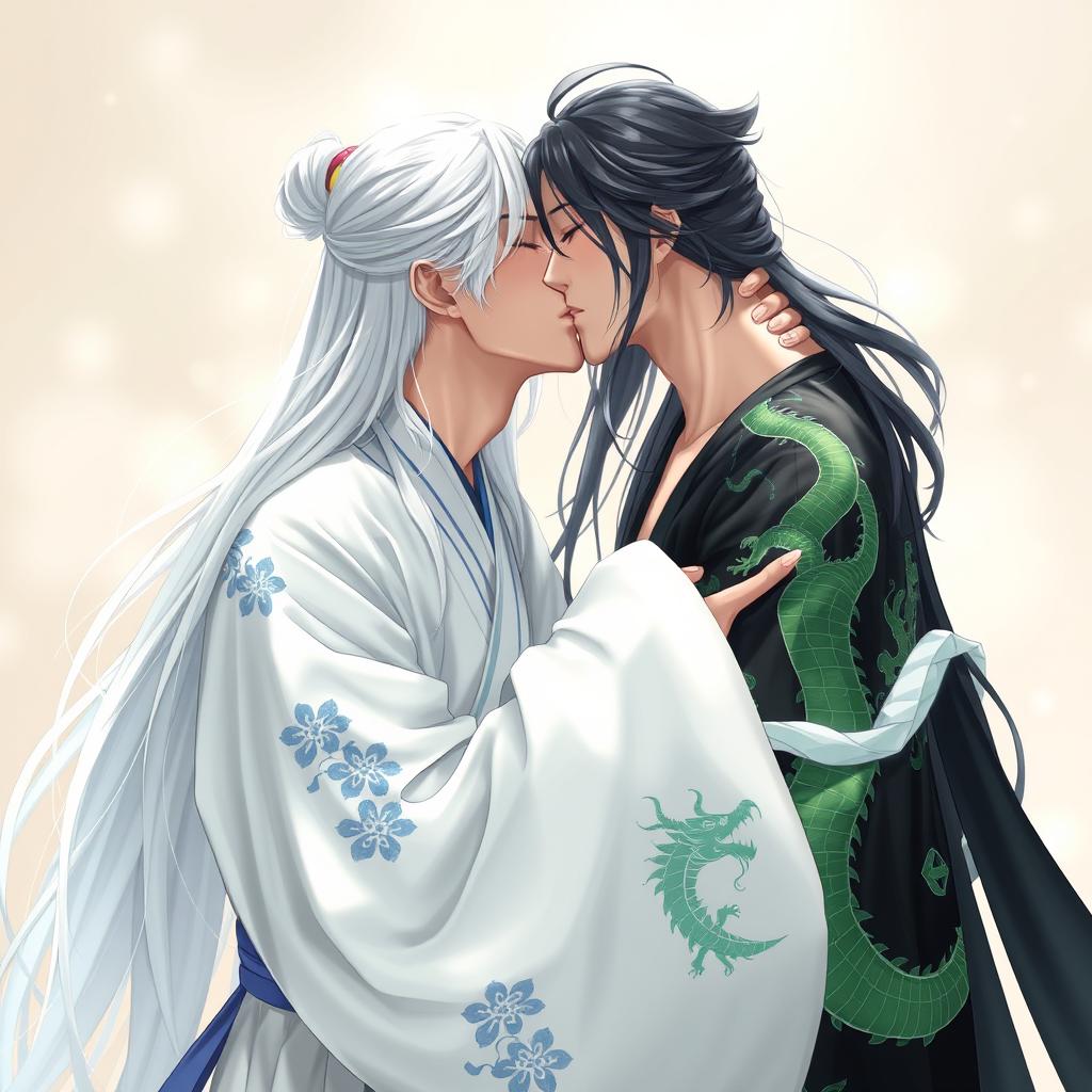 A young man with long white hair wearing a white hanfu adorned with blue patterns is kissing another man who has long black hair and wears a black hanfu featuring a green dragon design