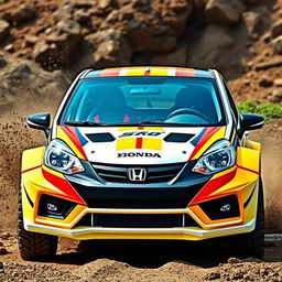 A modified Honda Brio designed for rally racing, featuring aggressive rally-style body kits, oversized all-terrain tires, a prominent front bumper with a skid plate, and a unique paint job with bold graphics displaying racing stripes