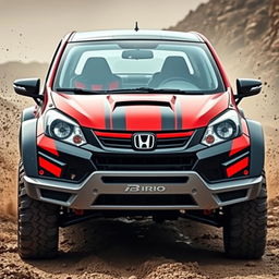 A modified Honda Brio designed for rally racing, featuring aggressive rally-style body kits, oversized all-terrain tires, a prominent front bumper with a skid plate, and a unique paint job with bold graphics displaying racing stripes