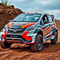 A modified Honda Brio designed for rally racing, featuring aggressive rally-style body kits, oversized all-terrain tires, a prominent front bumper with a skid plate, and a unique paint job with bold graphics displaying racing stripes