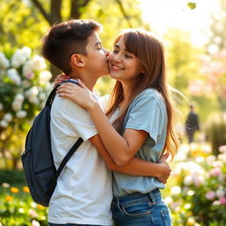 A tender moment between a boy and girl best friends sharing a loving hug and a soft kiss