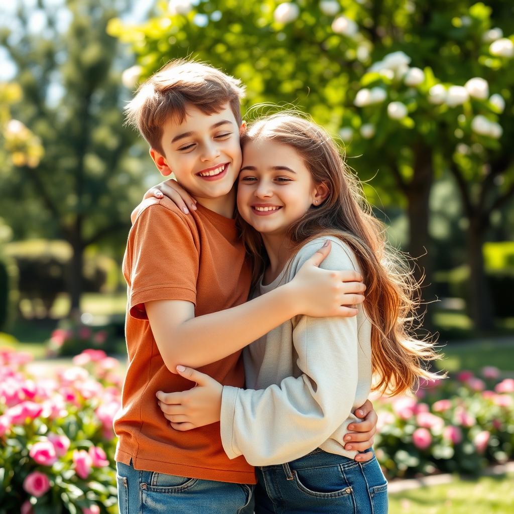 A tender moment between a boy and girl best friends sharing a loving hug and a soft kiss