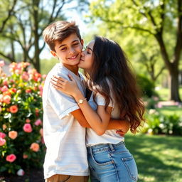 A tender moment between a boy and girl best friends sharing a loving hug and a soft kiss