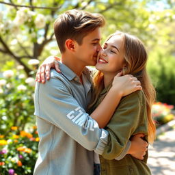 A tender moment between a boy and girl best friends sharing a loving hug and a soft kiss