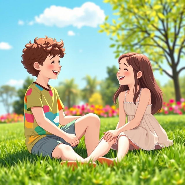 A playful and innocent scene showing two best friends, a boy and a girl, in a bright, sunny park