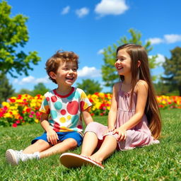 A playful and innocent scene showing two best friends, a boy and a girl, in a bright, sunny park