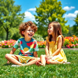 A playful and innocent scene showing two best friends, a boy and a girl, in a bright, sunny park