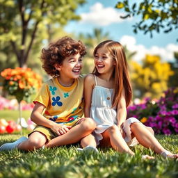 A playful and innocent scene showing two best friends, a boy and a girl, in a bright, sunny park