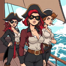 Three fierce female pirates standing confidently on the deck of a ship at sea, illustrated in a modern comic style reminiscent of Chris Ware