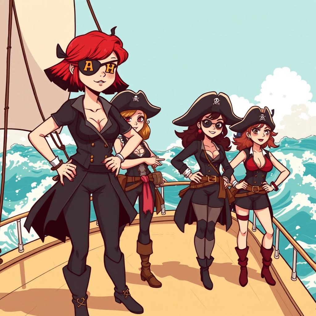 Three fierce female pirates standing confidently on the deck of a ship at sea, illustrated in a modern comic style reminiscent of Chris Ware