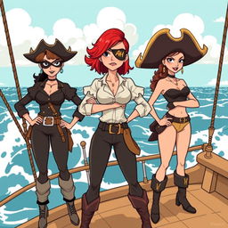 Three fierce female pirates standing confidently on the deck of a ship at sea, illustrated in a modern comic style reminiscent of Chris Ware